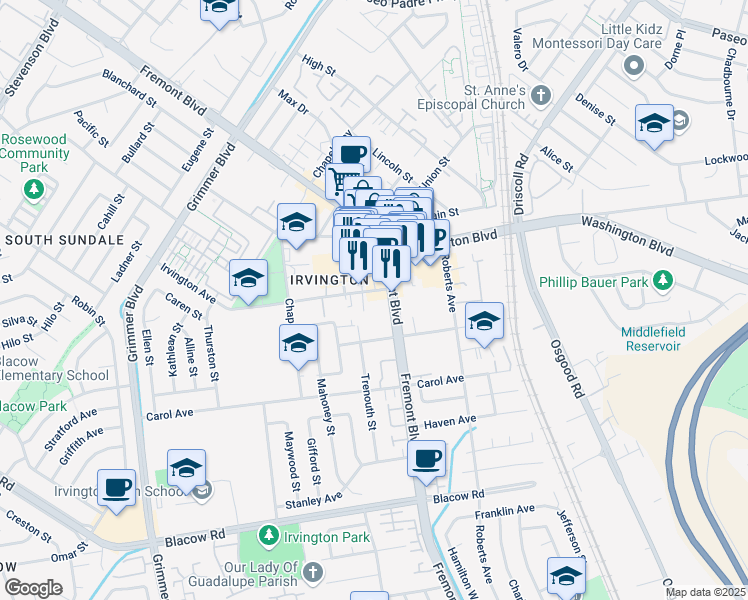 map of restaurants, bars, coffee shops, grocery stores, and more near 4007 Irvington Avenue in Fremont