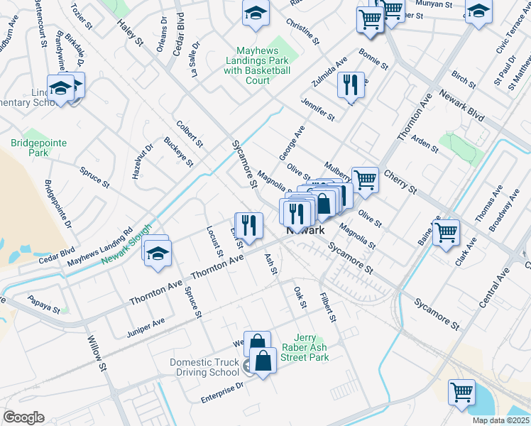 map of restaurants, bars, coffee shops, grocery stores, and more near 36777 Sycamore Street in Newark