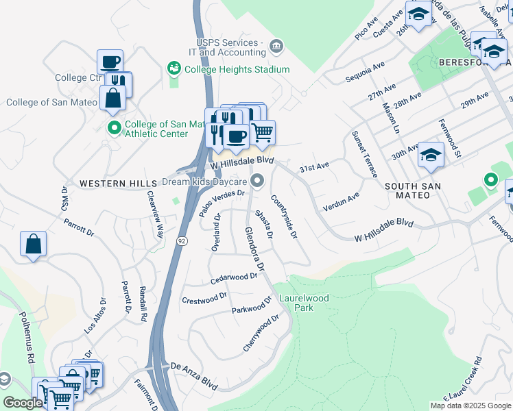 map of restaurants, bars, coffee shops, grocery stores, and more near 1300 Palos Verdes Drive in San Mateo