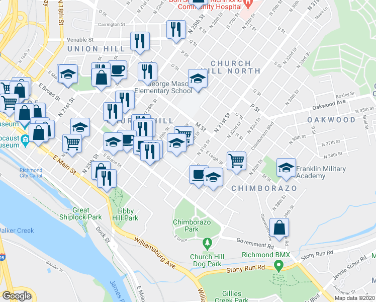 map of restaurants, bars, coffee shops, grocery stores, and more near in Richmond