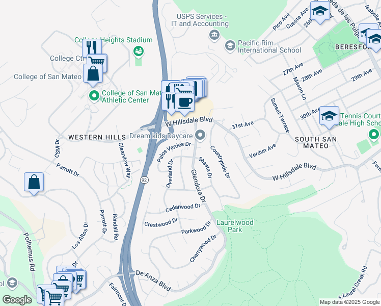 map of restaurants, bars, coffee shops, grocery stores, and more near 1300 Overland Drive in San Mateo