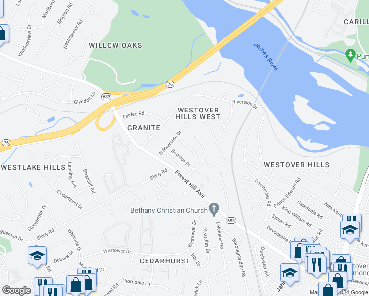 map of restaurants, bars, coffee shops, grocery stores, and more near 5709 Woodburn Road in Richmond
