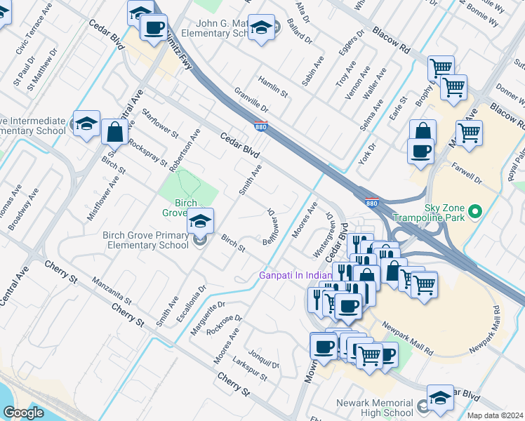 map of restaurants, bars, coffee shops, grocery stores, and more near 5779 Bellflower Drive in Newark