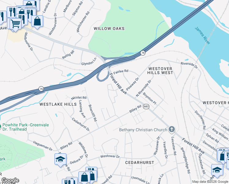 map of restaurants, bars, coffee shops, grocery stores, and more near 6002 Willow Oaks Drive in Richmond
