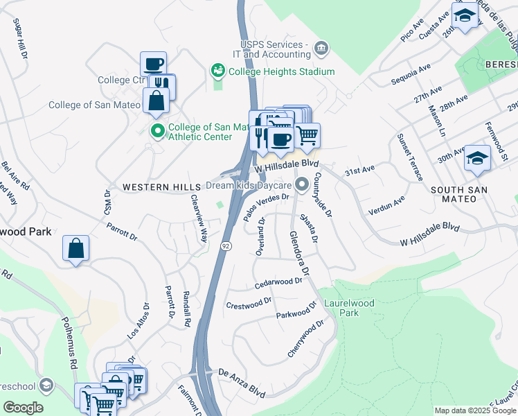 map of restaurants, bars, coffee shops, grocery stores, and more near 1343 Palos Verdes Drive in San Mateo