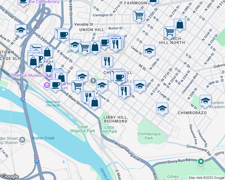 map of restaurants, bars, coffee shops, grocery stores, and more near 2618 East Broad Street in Richmond