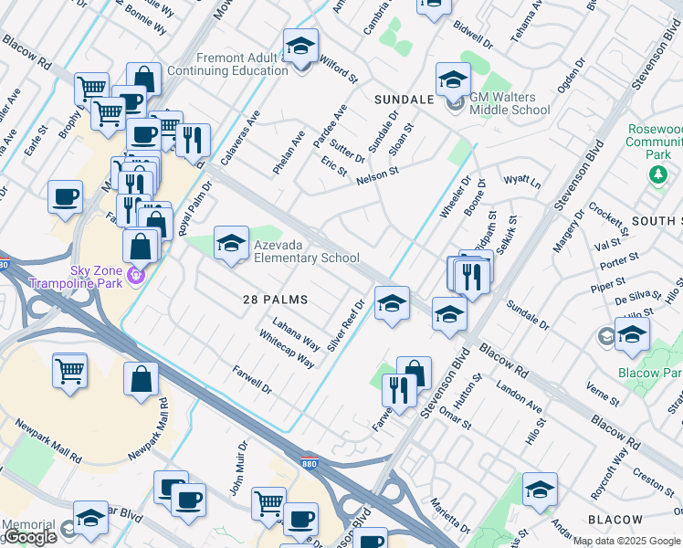 map of restaurants, bars, coffee shops, grocery stores, and more near 39668 Banyan Tree Road in Fremont