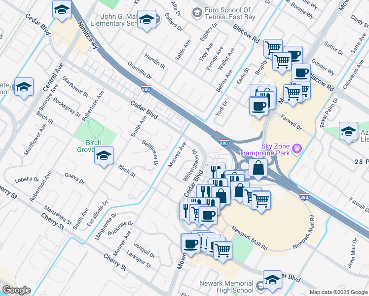 map of restaurants, bars, coffee shops, grocery stores, and more near 5603 Wintergreen Drive in Newark