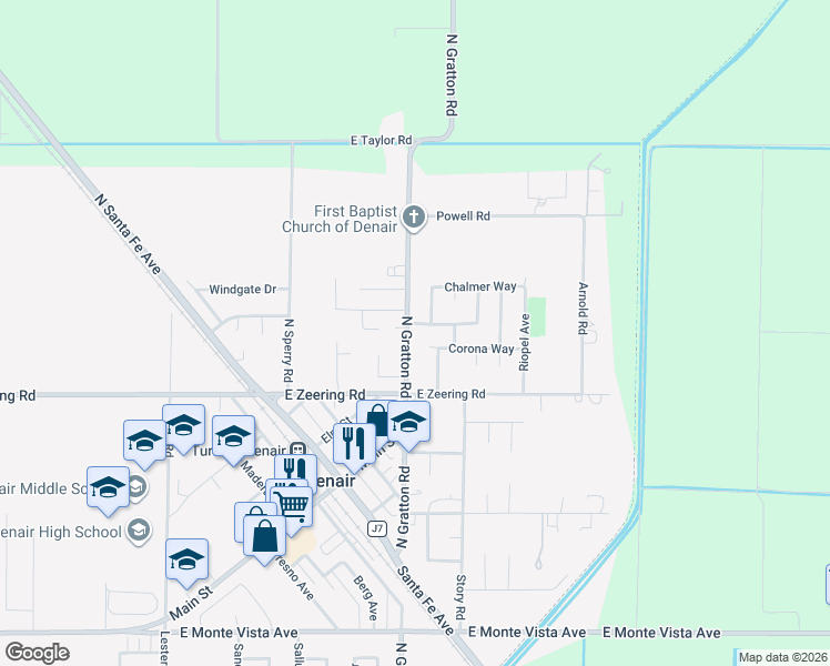 map of restaurants, bars, coffee shops, grocery stores, and more near 4206 North Gratton Road in Denair