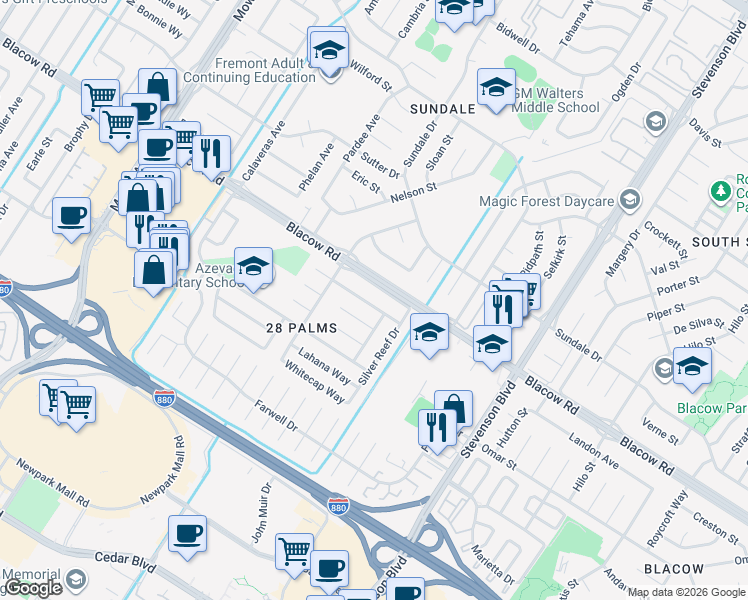 map of restaurants, bars, coffee shops, grocery stores, and more near 39668 Banyan Tree Road in Fremont