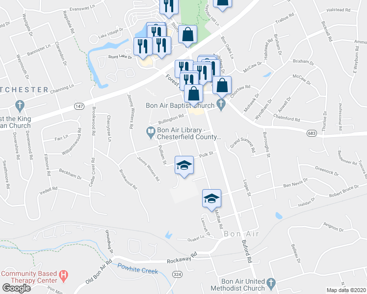 map of restaurants, bars, coffee shops, grocery stores, and more near 2427 Lancraft Road in Richmond