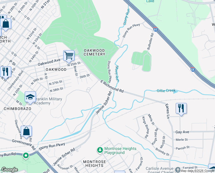 map of restaurants, bars, coffee shops, grocery stores, and more near 3520 E Richmond Rd in Richmond