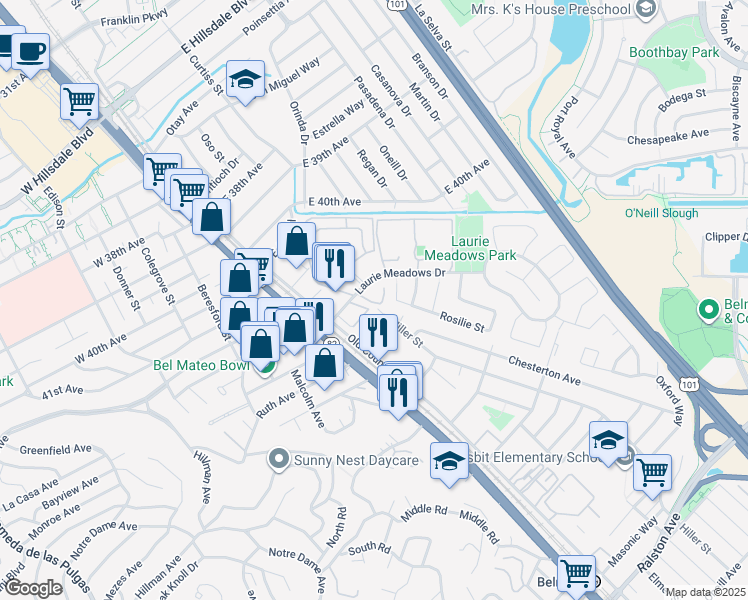 map of restaurants, bars, coffee shops, grocery stores, and more near 70 Laurie Meadows Drive in San Mateo