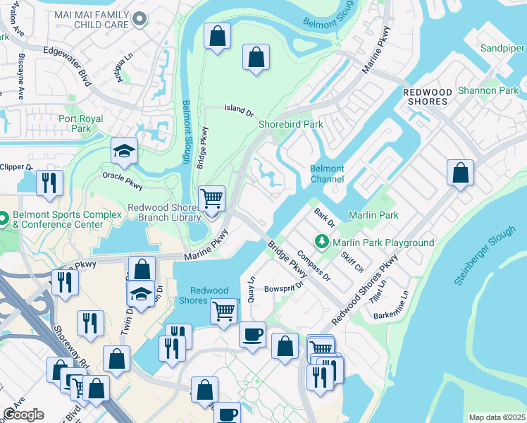 map of restaurants, bars, coffee shops, grocery stores, and more near 56 Cove Lane in Redwood City