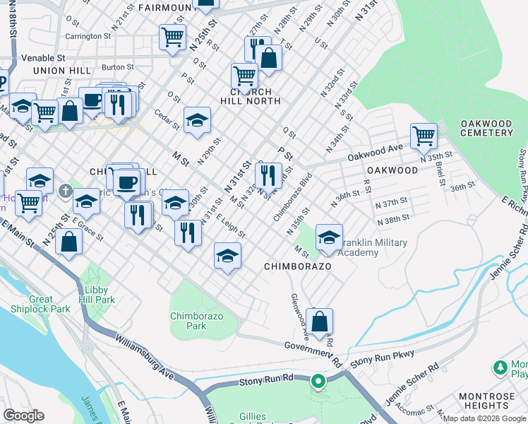 map of restaurants, bars, coffee shops, grocery stores, and more near 726 North 33rd Street in Richmond