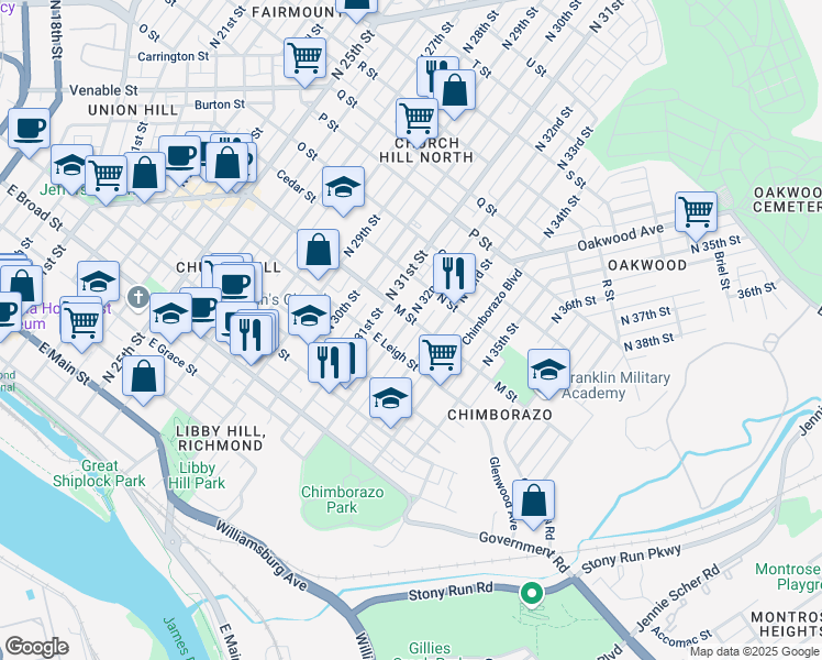 map of restaurants, bars, coffee shops, grocery stores, and more near 700 North 32nd Street in Richmond