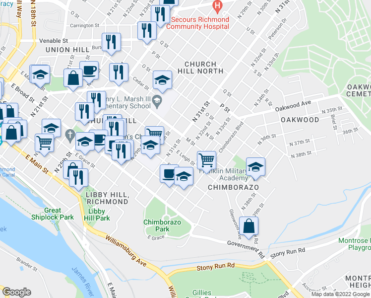 map of restaurants, bars, coffee shops, grocery stores, and more near 618 North 31st Street in Richmond