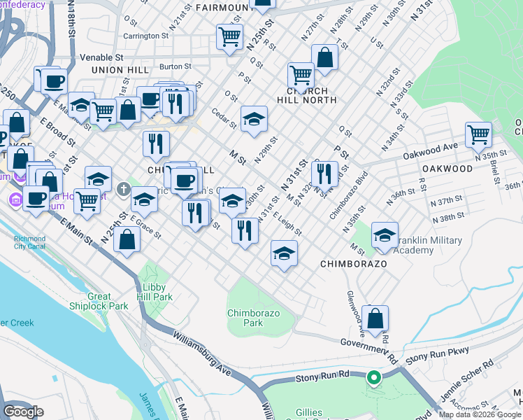 map of restaurants, bars, coffee shops, grocery stores, and more near in Richmond