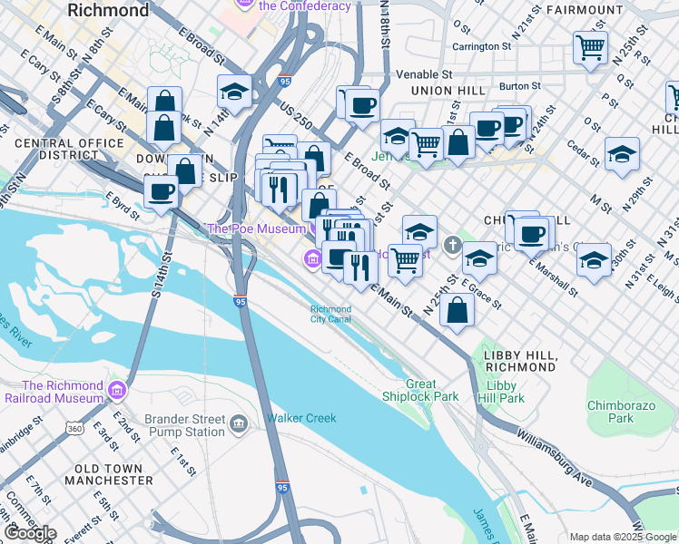 map of restaurants, bars, coffee shops, grocery stores, and more near 2010c East Main Street in Richmond
