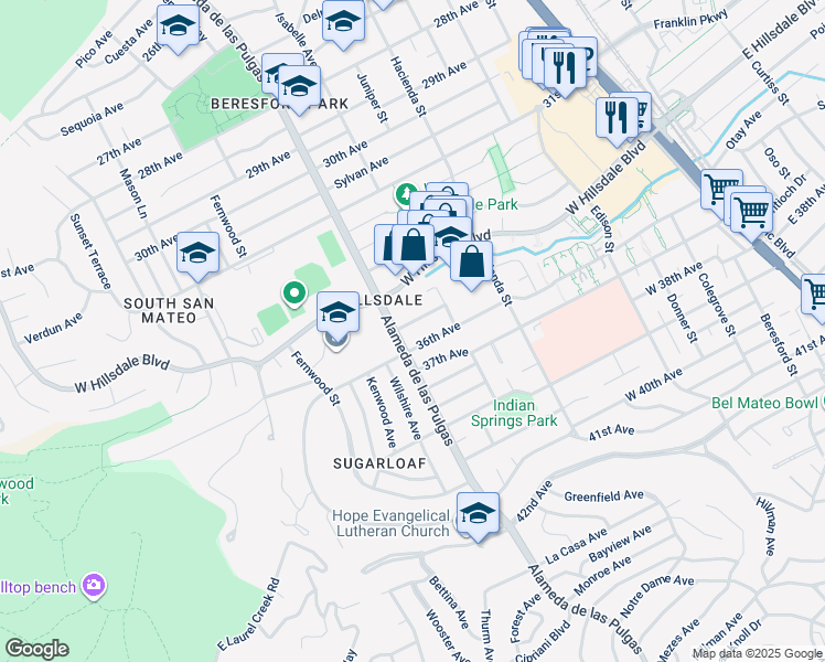 map of restaurants, bars, coffee shops, grocery stores, and more near 435 Voelker Drive in San Mateo