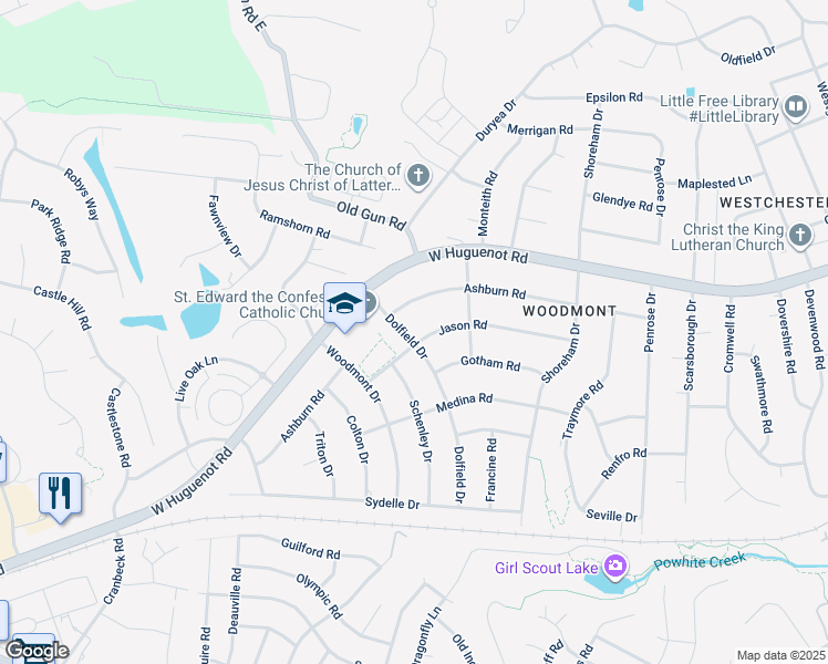 map of restaurants, bars, coffee shops, grocery stores, and more near 10540 Jason Road in Richmond