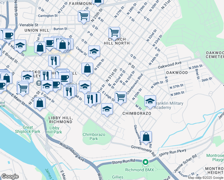 map of restaurants, bars, coffee shops, grocery stores, and more near 619 North 32nd Street in Richmond