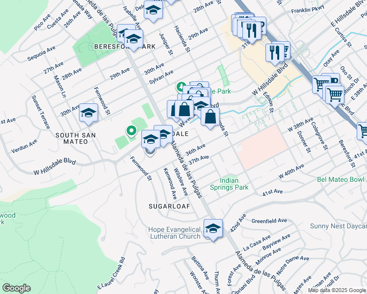 map of restaurants, bars, coffee shops, grocery stores, and more near 435 Voelker Drive in San Mateo