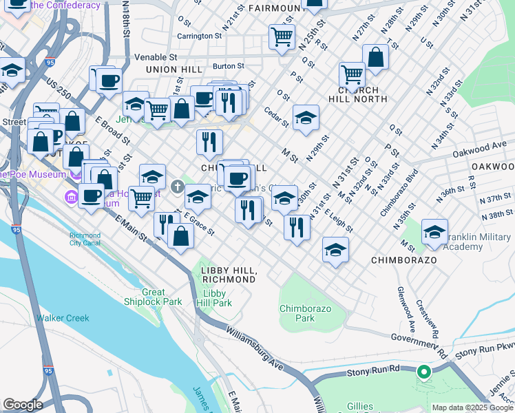 map of restaurants, bars, coffee shops, grocery stores, and more near 2806 East Marshall Street in Richmond
