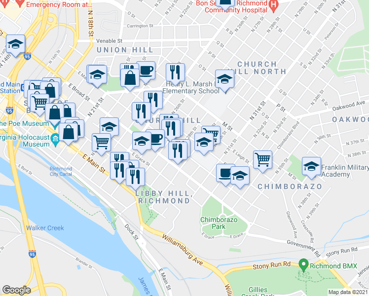 map of restaurants, bars, coffee shops, grocery stores, and more near 2806 East Marshall Street in Richmond