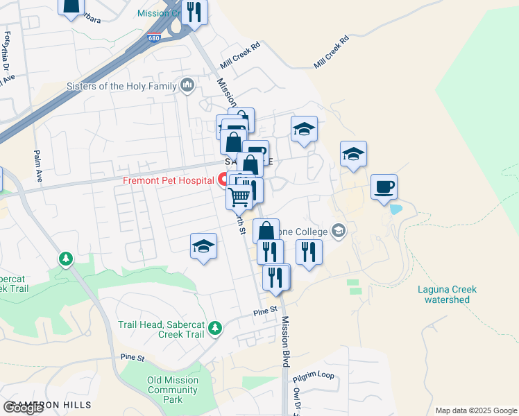 map of restaurants, bars, coffee shops, grocery stores, and more near 43433 Mission Boulevard in Fremont