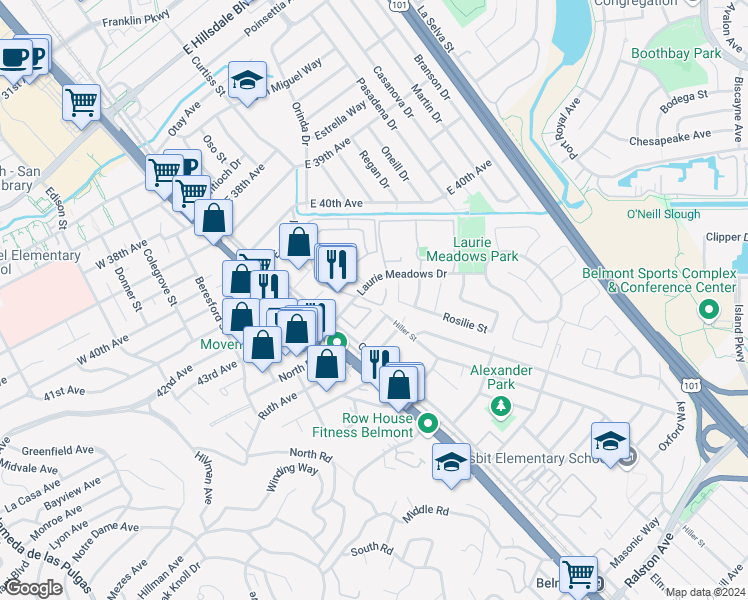 map of restaurants, bars, coffee shops, grocery stores, and more near 70 Laurie Meadows Drive in San Mateo
