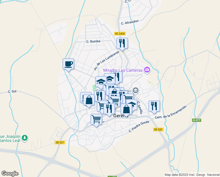 map of restaurants, bars, coffee shops, grocery stores, and more near 1 Calle Alcalde Acuña Carrasco in Gerena