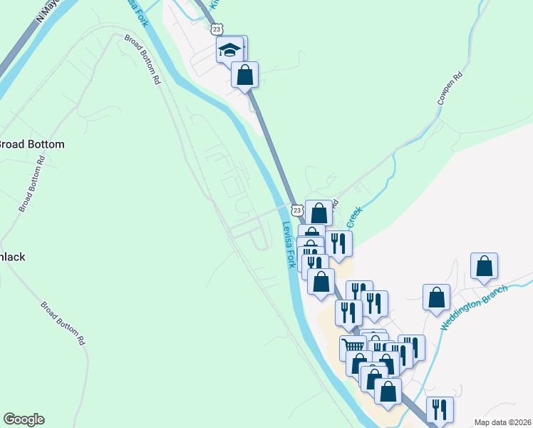 map of restaurants, bars, coffee shops, grocery stores, and more near Broad Bottom Road in Pikeville