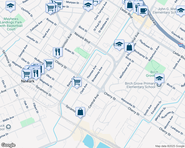 map of restaurants, bars, coffee shops, grocery stores, and more near 37425 California Street in Newark