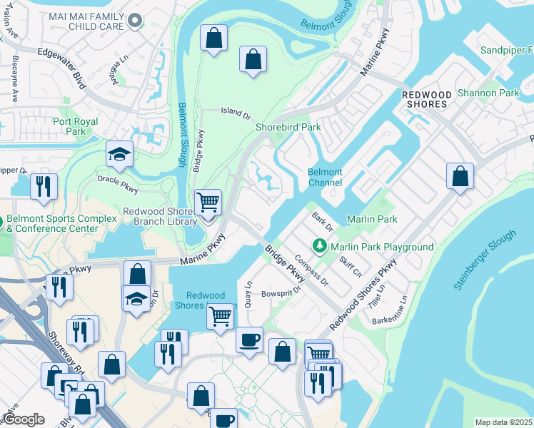 map of restaurants, bars, coffee shops, grocery stores, and more near 59 Cove Lane in Redwood City