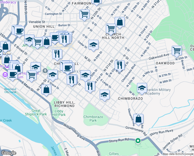map of restaurants, bars, coffee shops, grocery stores, and more near 520 North 31st Street in Richmond