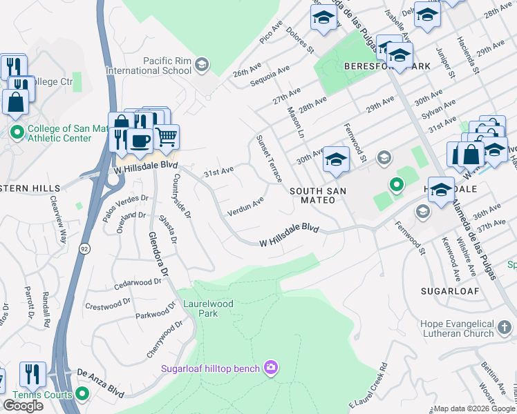 map of restaurants, bars, coffee shops, grocery stores, and more near 3217 Verdun Avenue in San Mateo