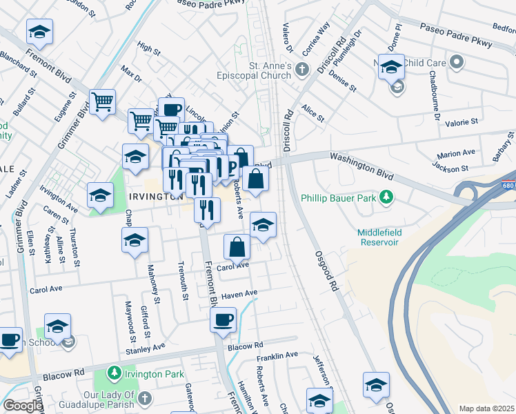 map of restaurants, bars, coffee shops, grocery stores, and more near 41240 Roberts Avenue in Fremont