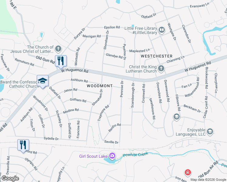 map of restaurants, bars, coffee shops, grocery stores, and more near 2644 Traymore Road in Richmond