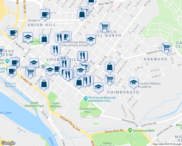 map of restaurants, bars, coffee shops, grocery stores, and more near 520 North 31st Street in Richmond
