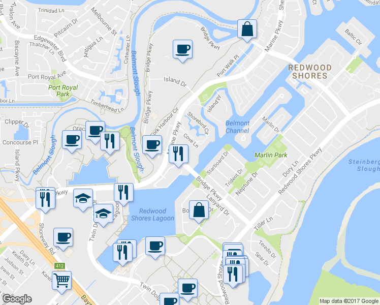 map of restaurants, bars, coffee shops, grocery stores, and more near 32 Cove Lane in Redwood City