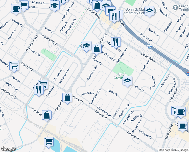 map of restaurants, bars, coffee shops, grocery stores, and more near 6169 Honeysuckle Drive in Newark