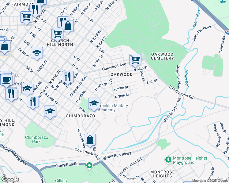 map of restaurants, bars, coffee shops, grocery stores, and more near 1201 North 37th Street in Richmond