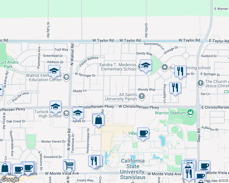 map of restaurants, bars, coffee shops, grocery stores, and more near 4182 Summerfield Drive in Turlock