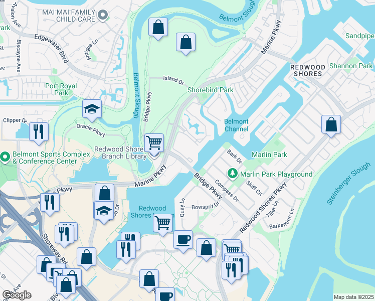 map of restaurants, bars, coffee shops, grocery stores, and more near 56 Cove Lane in Redwood City