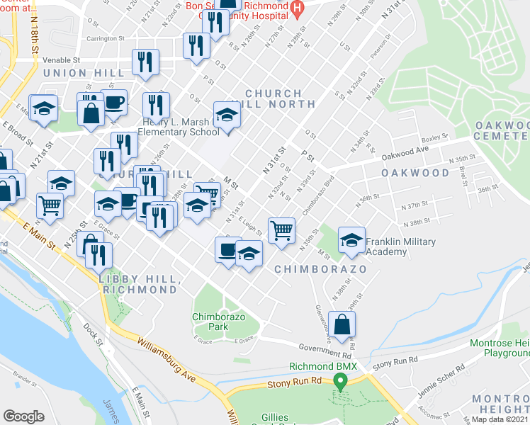 map of restaurants, bars, coffee shops, grocery stores, and more near 700 North 32nd Street in Richmond