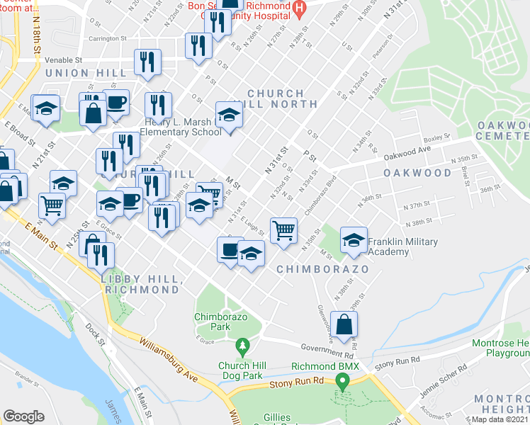 map of restaurants, bars, coffee shops, grocery stores, and more near 700 North 32nd Street in Richmond