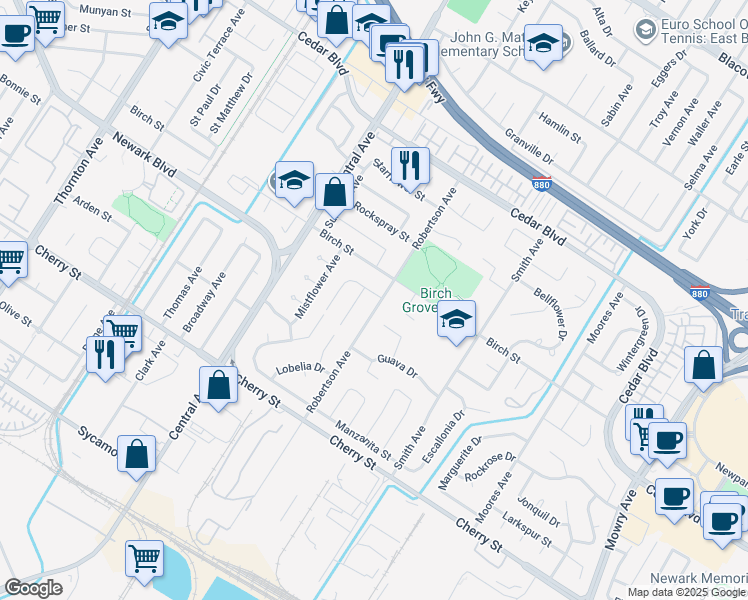 map of restaurants, bars, coffee shops, grocery stores, and more near 6065 Robertson Avenue in Newark