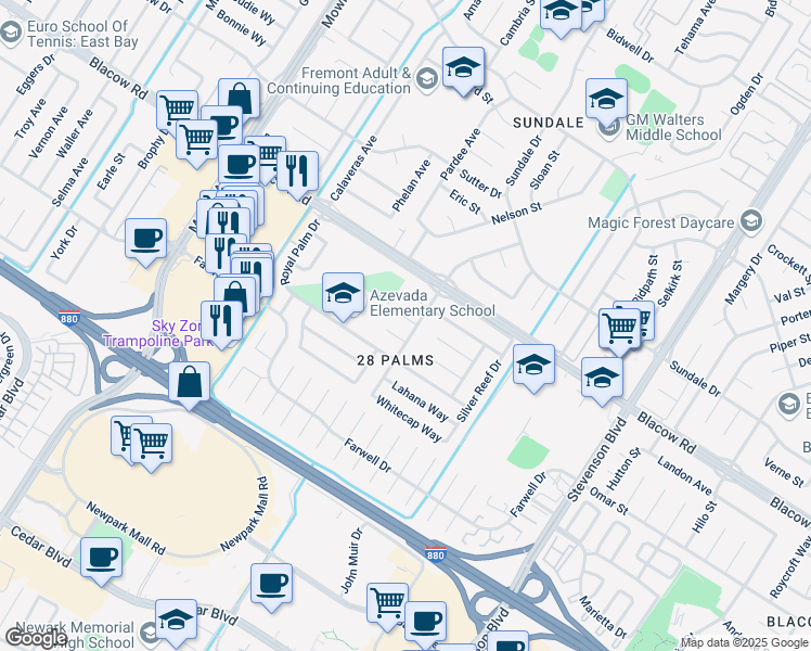 map of restaurants, bars, coffee shops, grocery stores, and more near 39556 Kahlua Court in Fremont