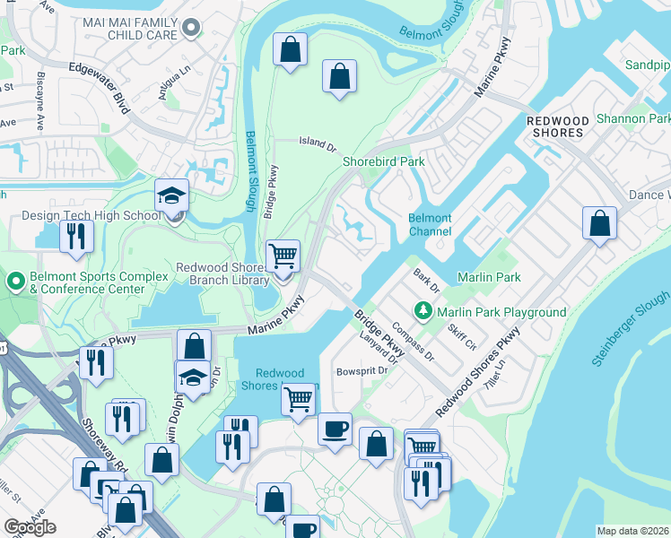 map of restaurants, bars, coffee shops, grocery stores, and more near 56 Cove Lane in Redwood City